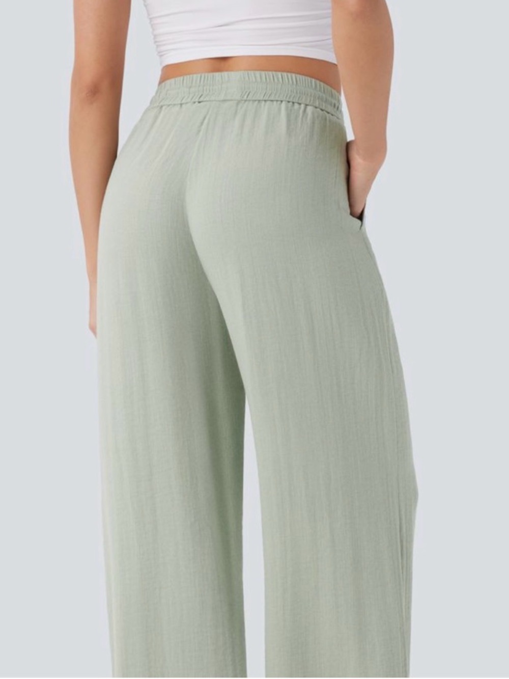 High Waisted Drawstring Pocket Wide Leg Casual Linen-Feel Pants - Picture 2 of 6